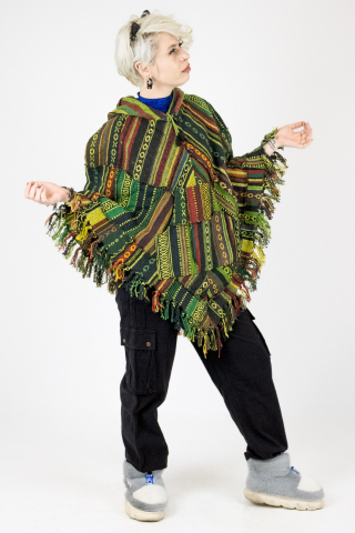 Poncho cu motive gheri si gluga - Verde [1]