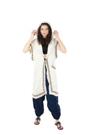 Poncho și Cardigane - Poncho lung cu glugă - Crem