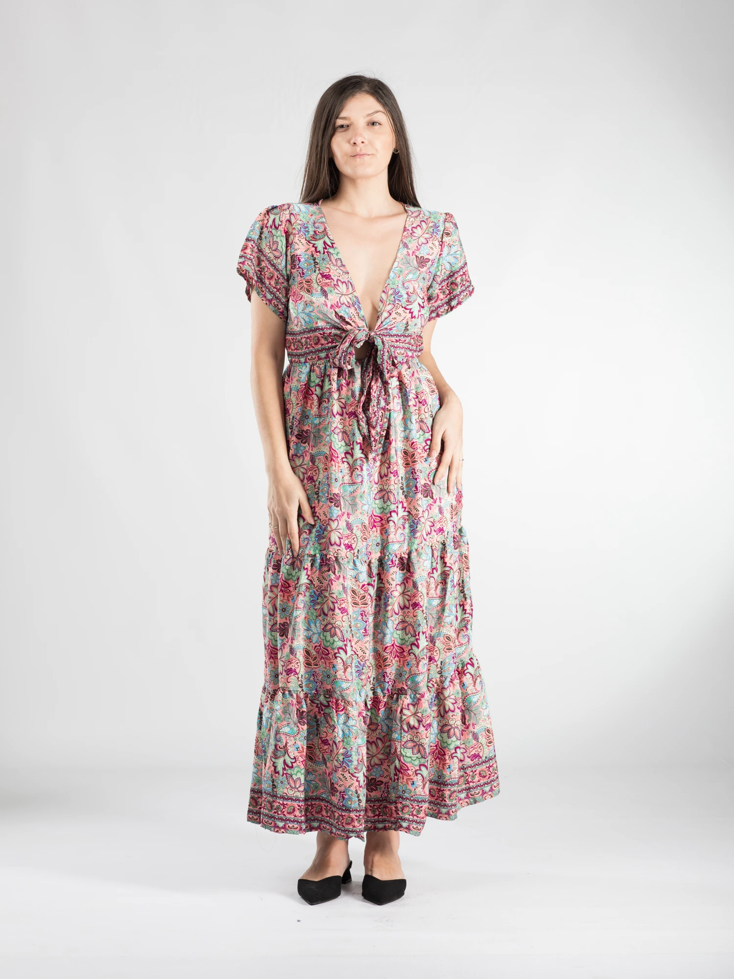 Primavara 2026 - Rochie boho A line lungă cu mânecă scurtă - Model 1