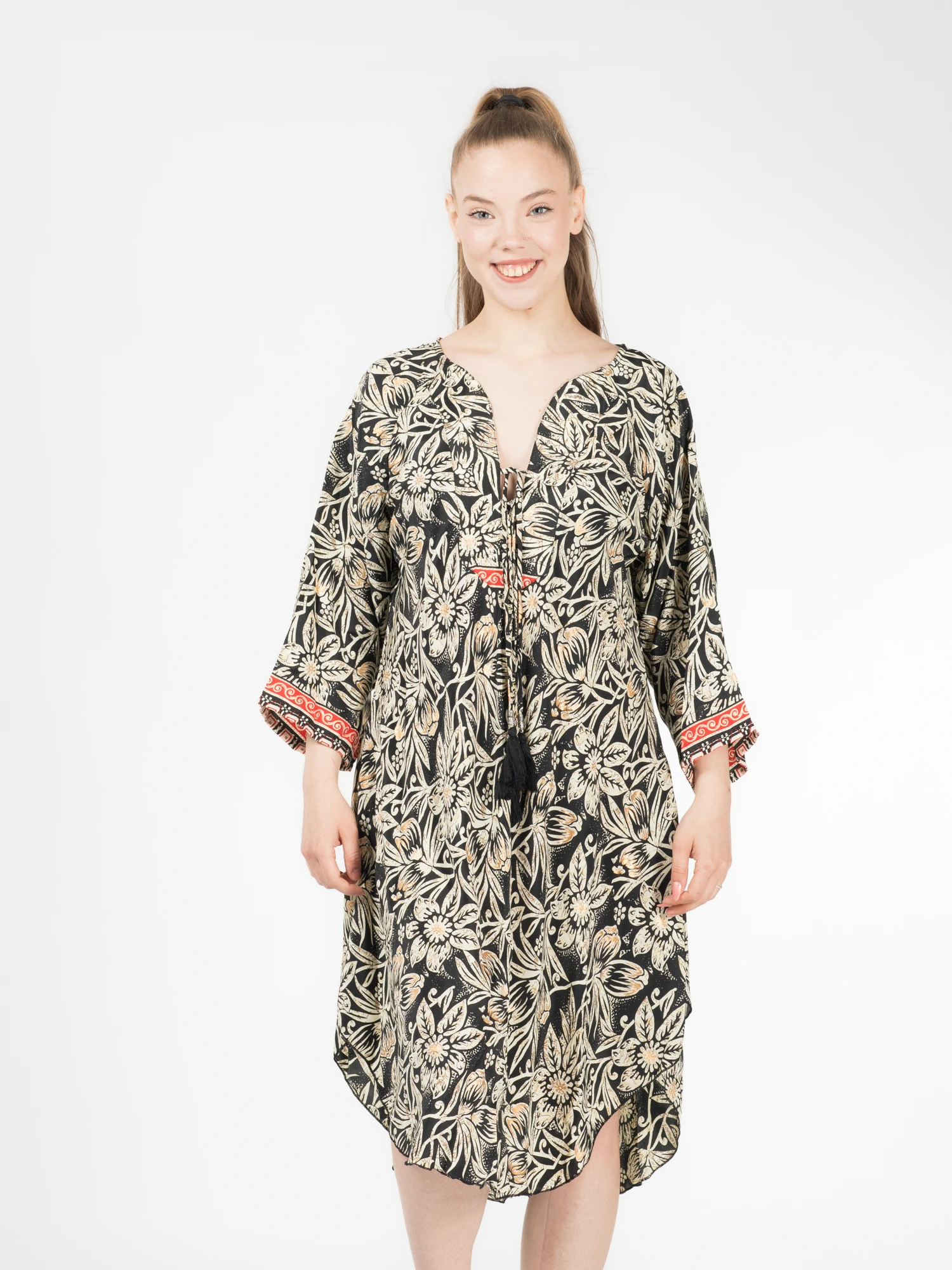 Rochii - Rochie boho asimetrică din material fluid cu print și detalii aurii - Model 1