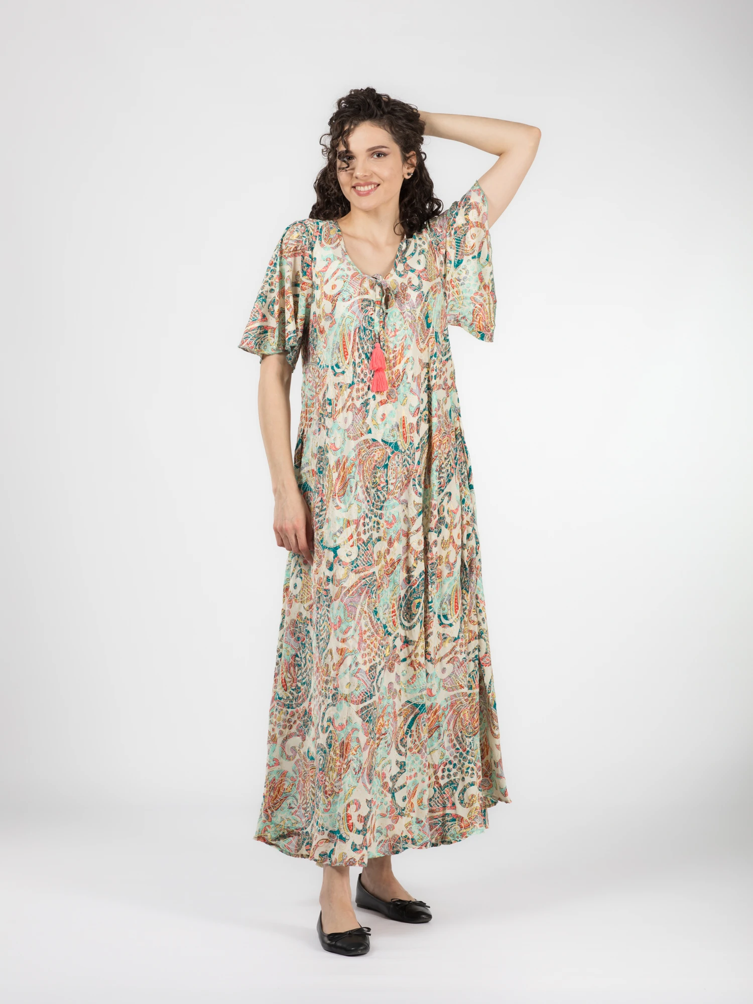Rochii - Rochie boho lejeră din material fluid cu detalii aurii - Model 2