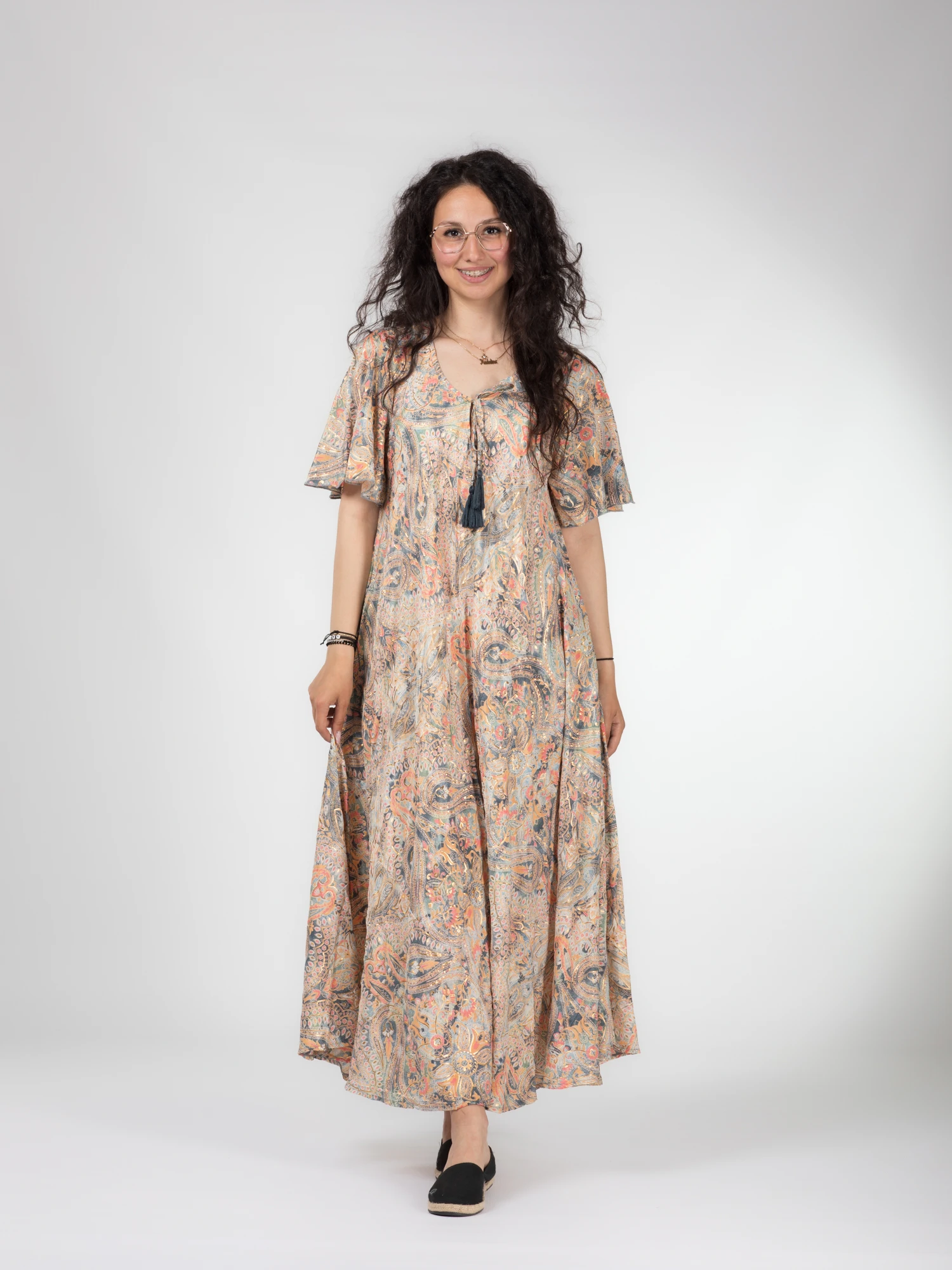 Rochii - Rochie boho lejeră din material fluid cu detalii aurii - Model 5