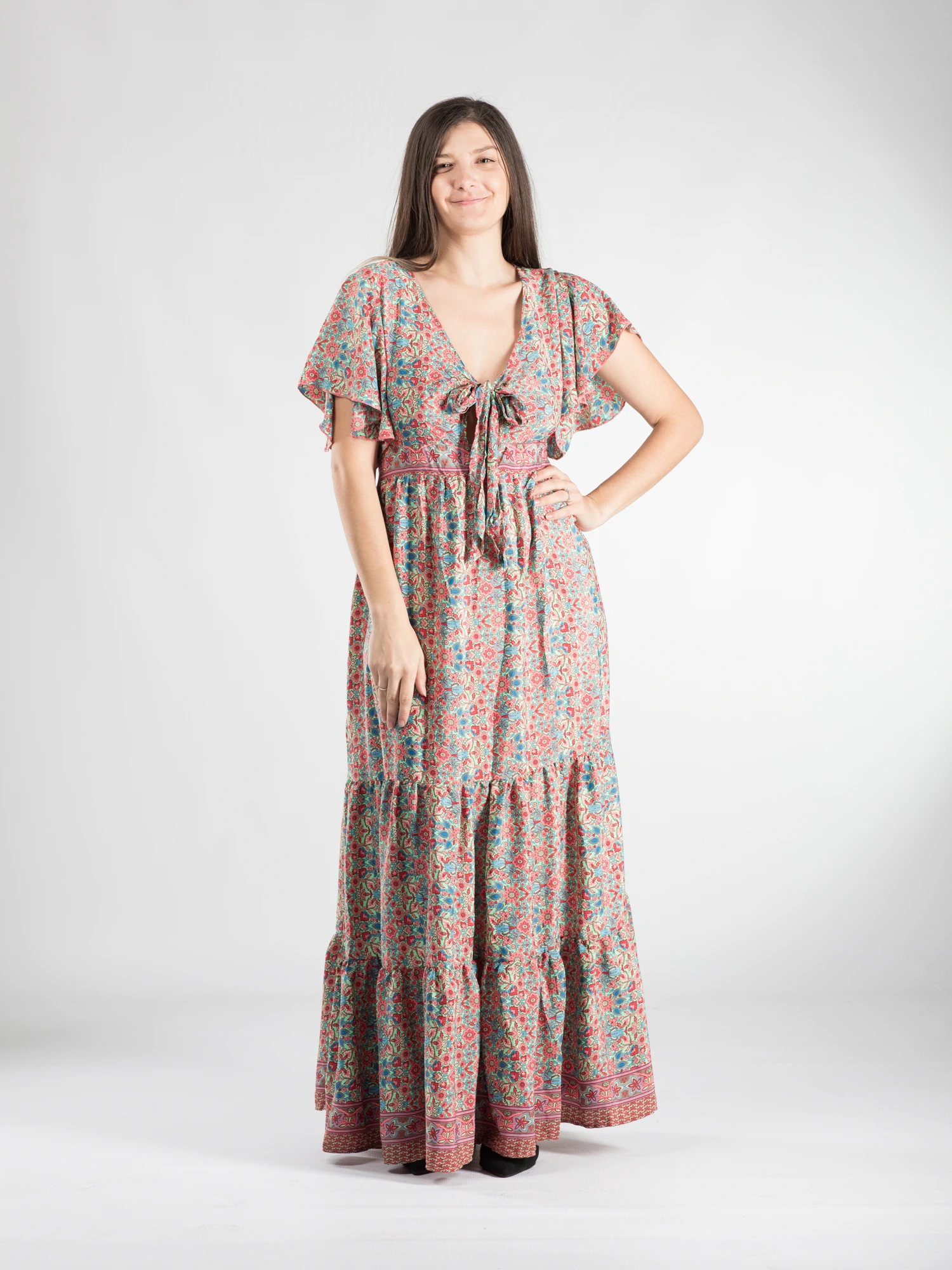 Primavara 2026 - Rochie boho lungă cu volane și mânecă scurtă lejeră - Model 1