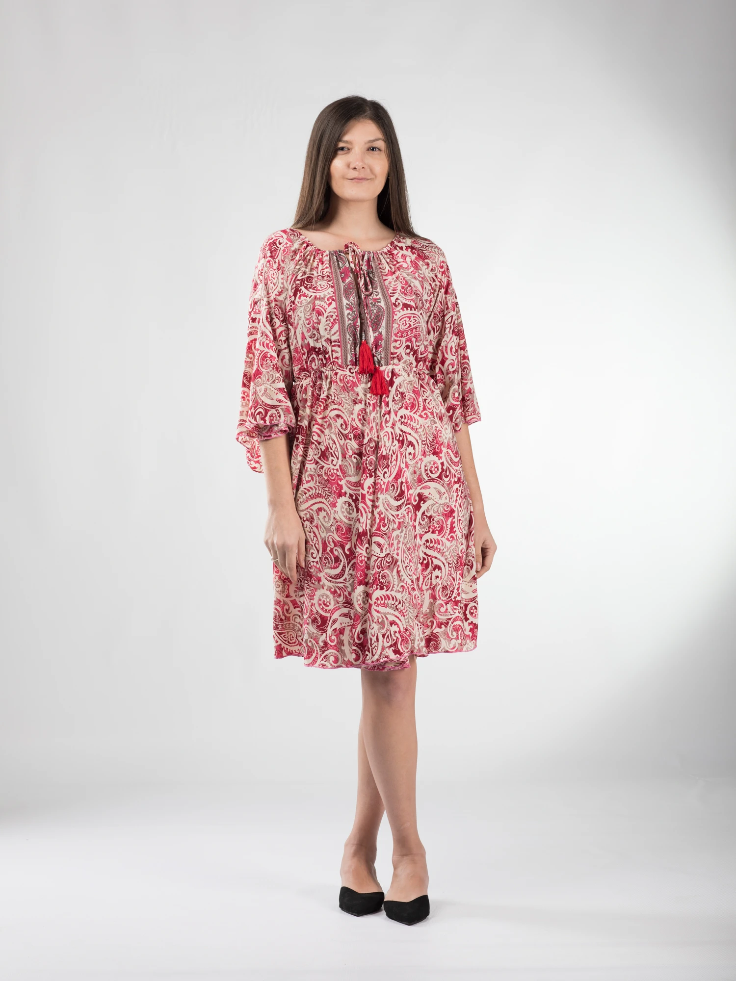 FEMEI - Rochie boho midi din material fluid, cu detalii aurii și mâneci 3/4 - Model 4