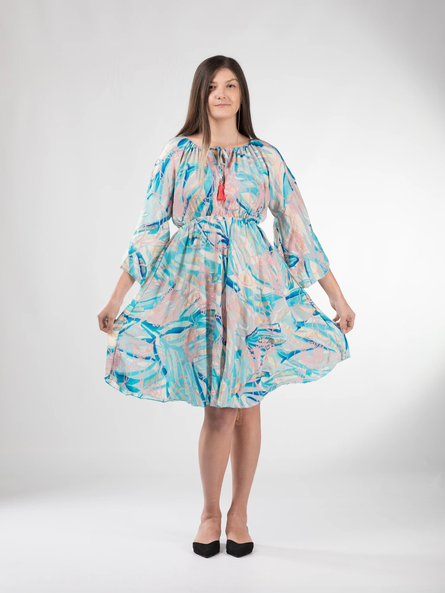 FEMEI - Rochie boho midi din material fluid, cu detalii aurii și mâneci 3/4 - Model 5