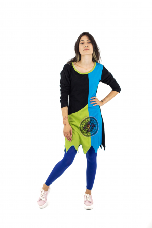 Rochie din bumbac cu maneca lunga in colturi - Albastru si negru [1]