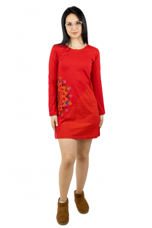 Rochii - Rochie lunga din bumbac cu print mandala si design pe guler - Albastru