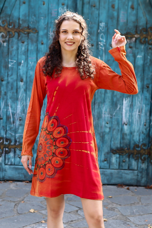 Rochii - Rochie lunga din bumbac cu print mandala - Rosu