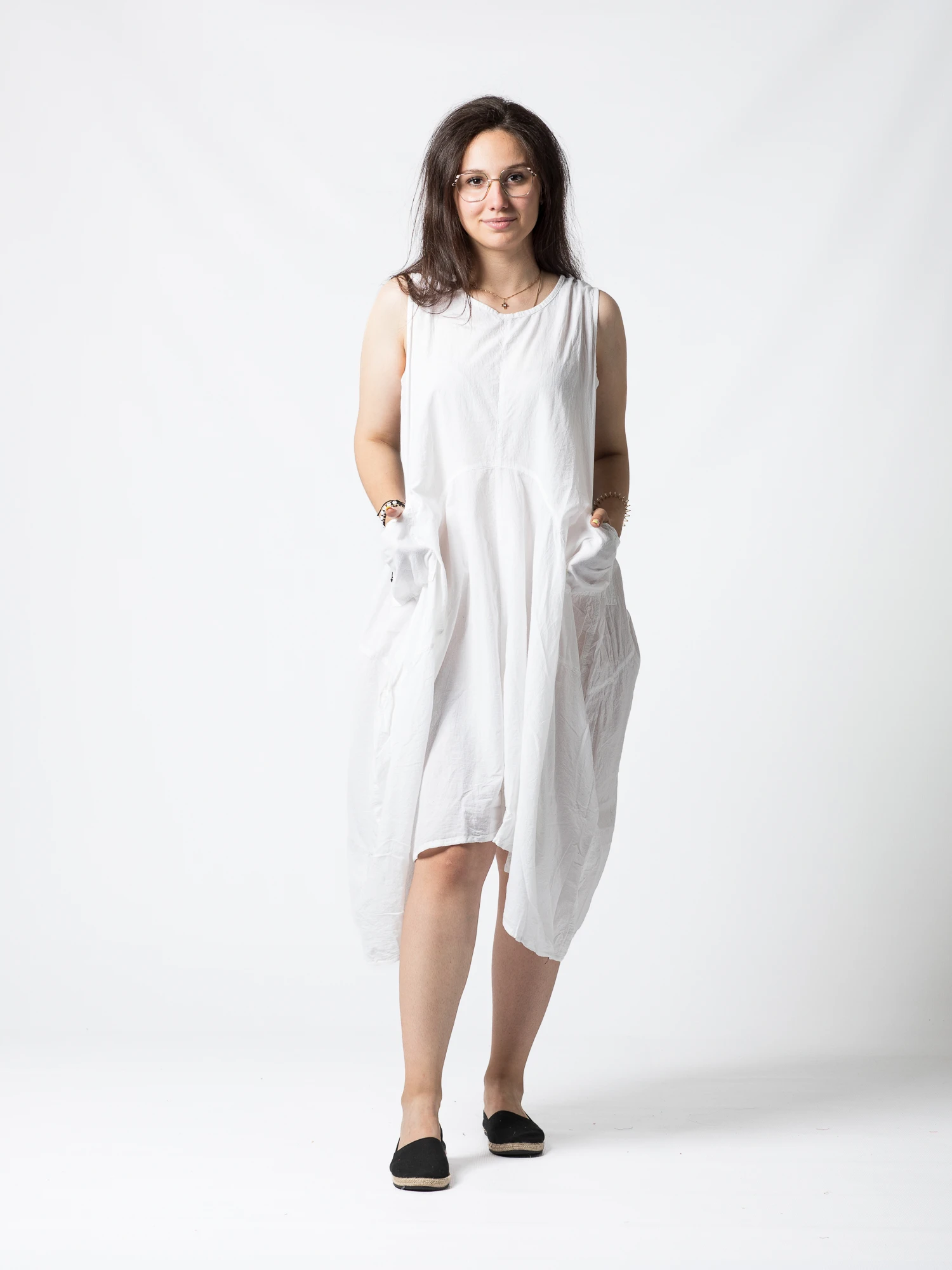 Rochii - Rochie din Bumbac fără Mâneci, Croi Asimetric - Alb