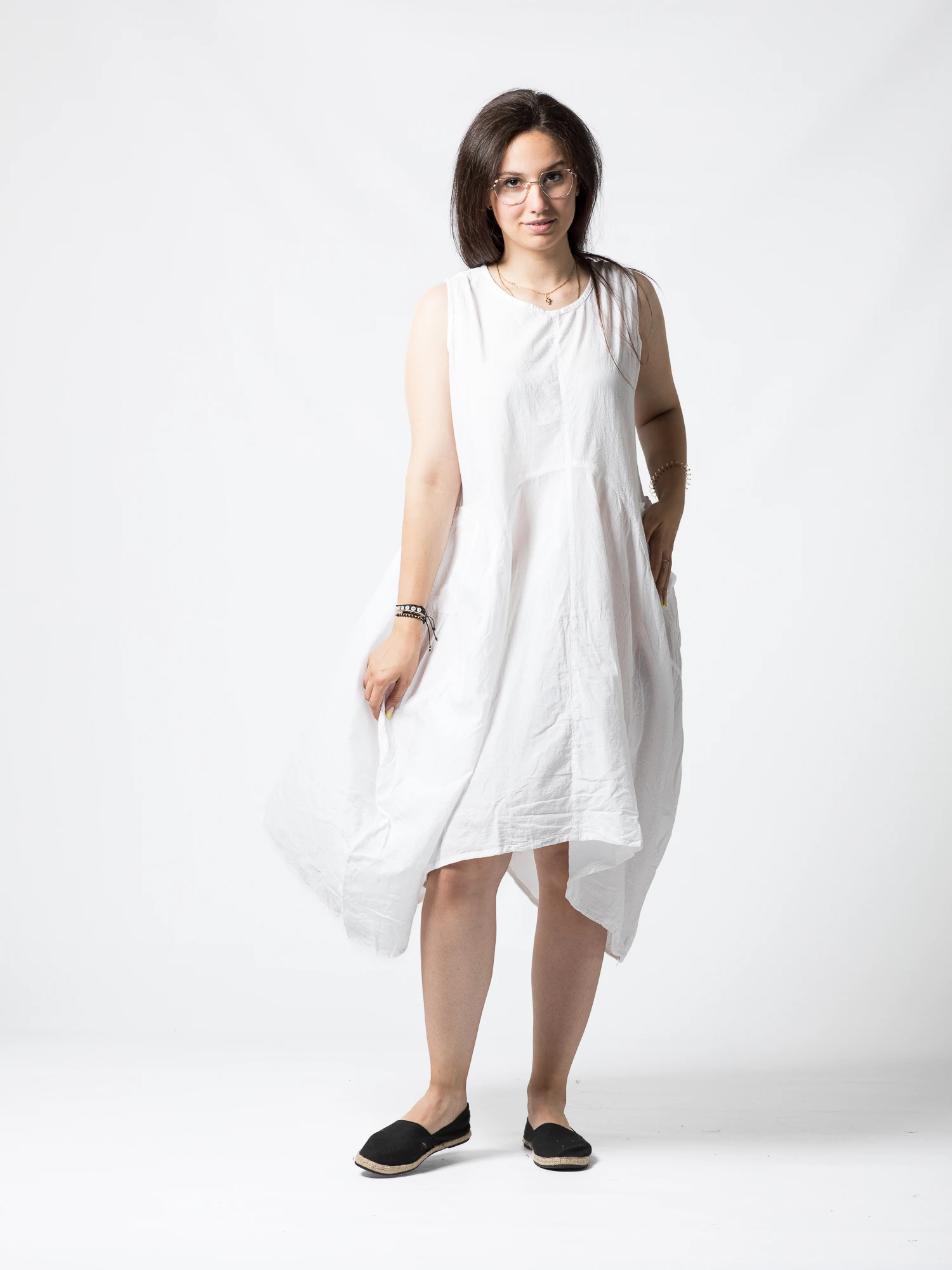 Rochie din Bumbac fără Mâneci, Croi Asimetric - Alb [4]