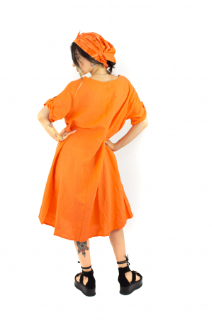 Rochie din In si Bumbac cu maneca scurta si esarfa - Portocaliu -51219 [3]