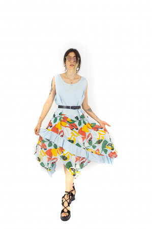 Rochii - Rochie din In si Bumbac cu volanase si print exotic - Alb