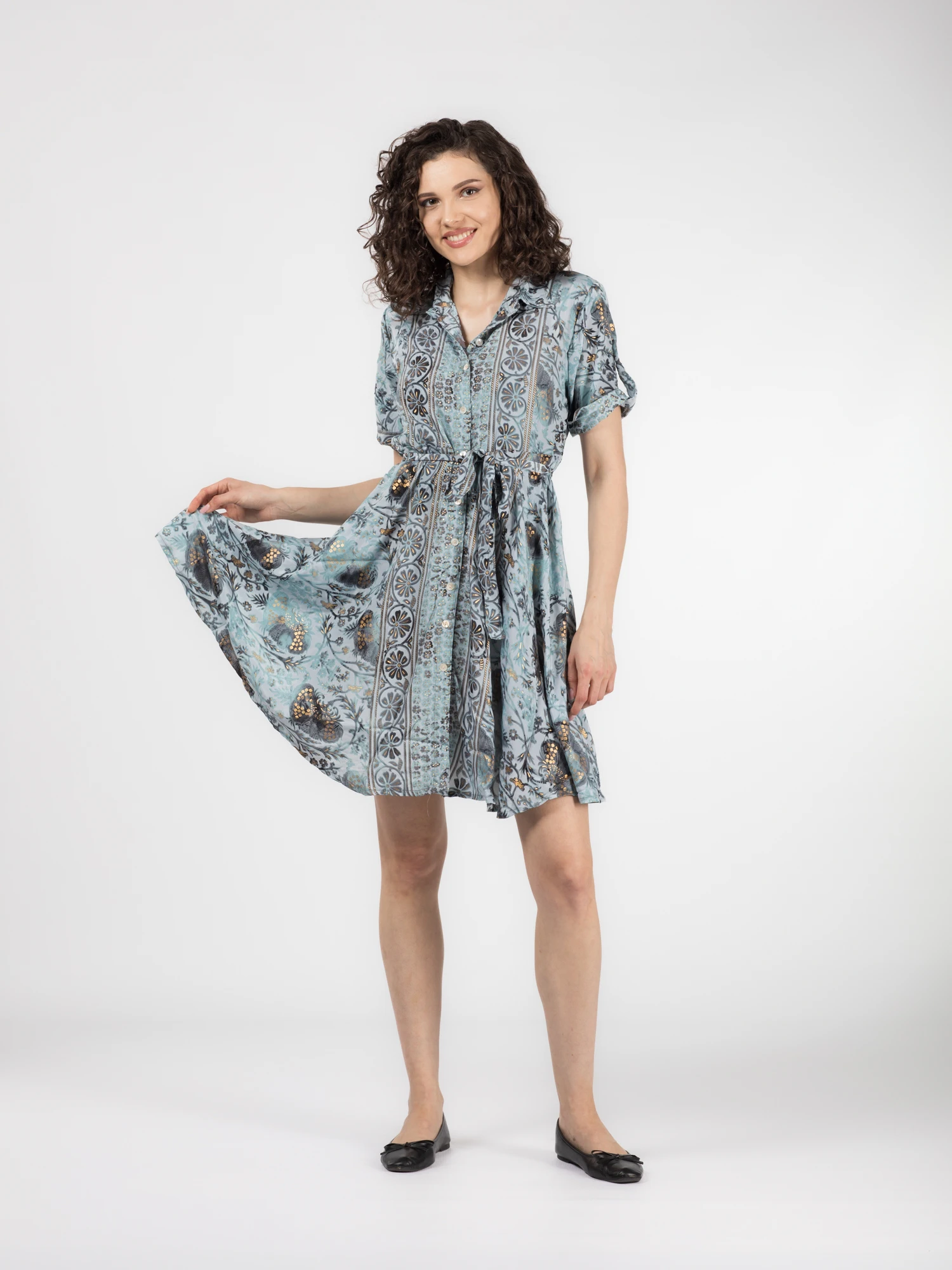 Rochie florală din material fuid cu detalii aurii și cordon în talie - Model 2 [5]