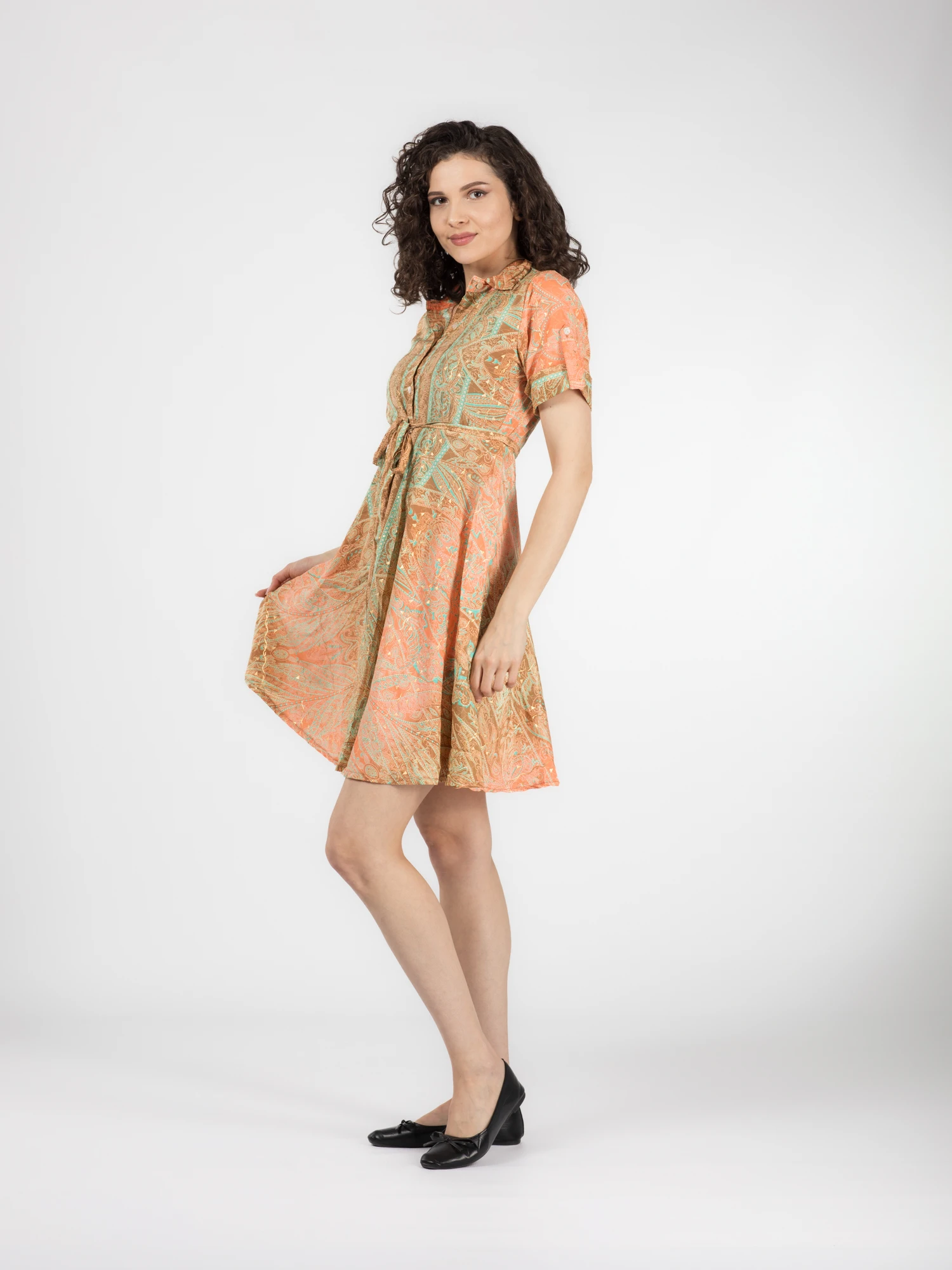 Rochie florală din material fuid cu detalii aurii și cordon în talie - Model 4 [2]