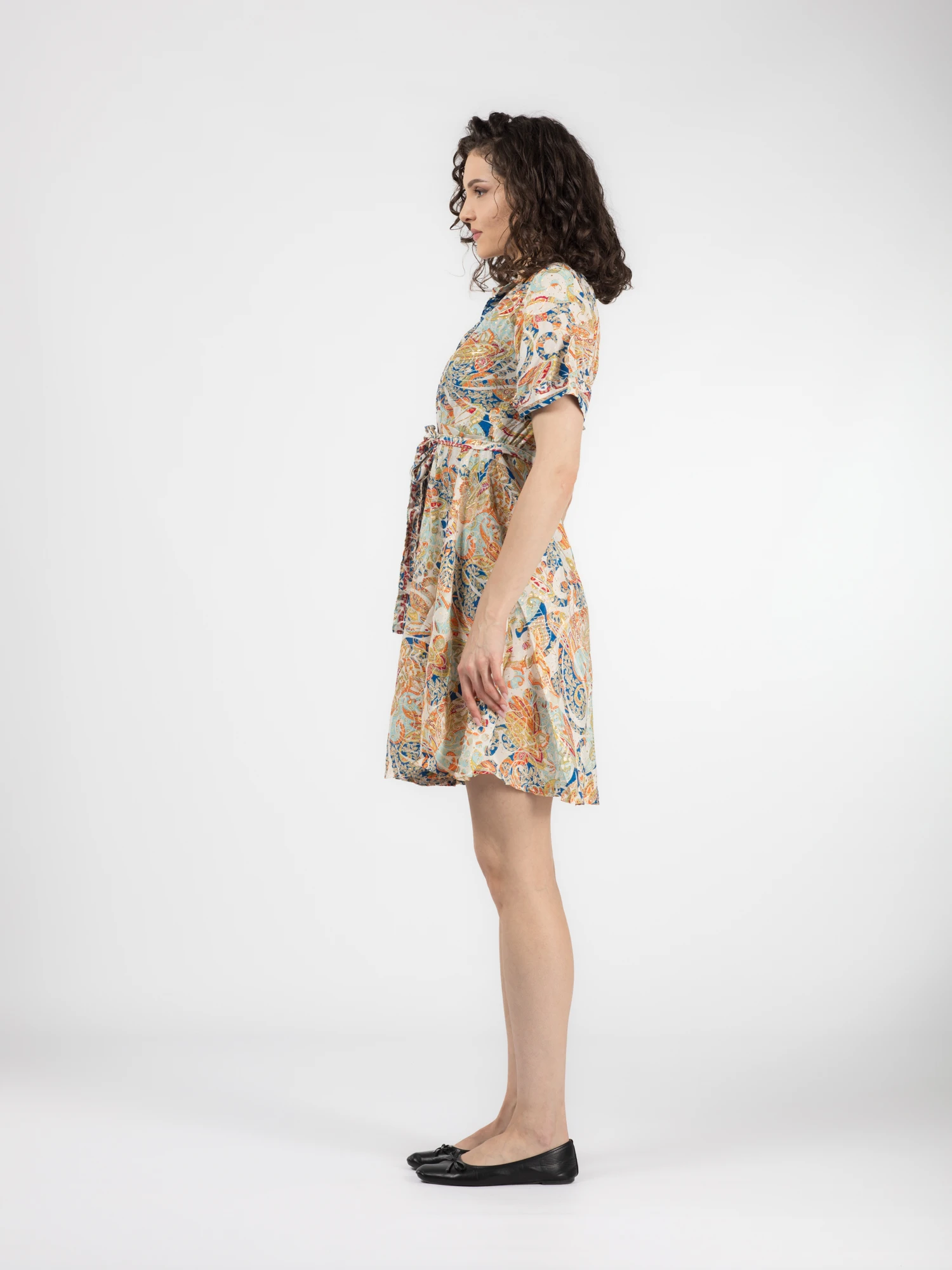 Rochie florală din material fuid cu detalii aurii și cordon în talie - Model 6 [2]
