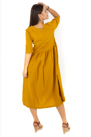 Rochie lunga cu maneca scurta cu pliuri - Mustar [2]