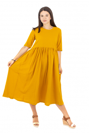 FEMEI - Rochie lunga cu maneca scurta cu pliuri - Mustar