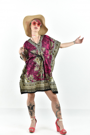 Rochie scurta Kaftan cu print Hindu Galben - Wine [3]