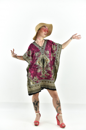 Rochie scurta Kaftan cu print Hindu Galben - Wine [1]