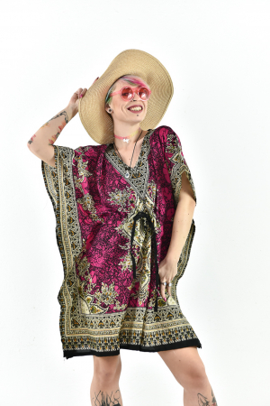 Rochie scurta Kaftan cu print Hindu Galben - Wine [0]