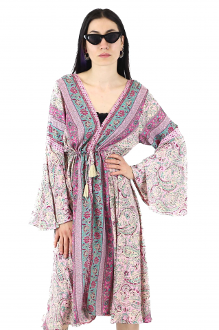 Rochie midi din material fluid cu snur in talie si maneci lungi - Model 11 [0]