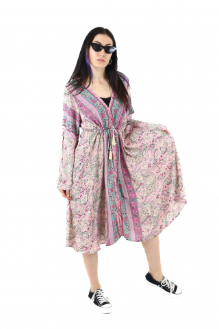 Rochie midi din material fluid cu snur in talie si maneci lungi - Model 11 [4]