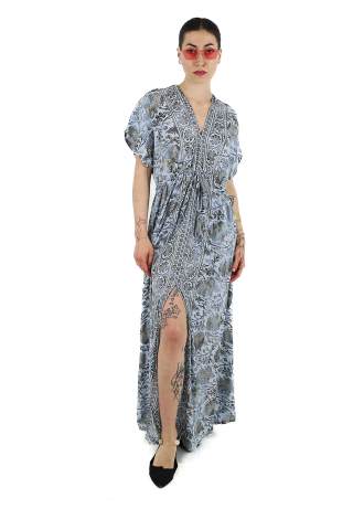 Rochii - Rochie maxi boho cu maneca scurta si crapatura in fata - Model 1