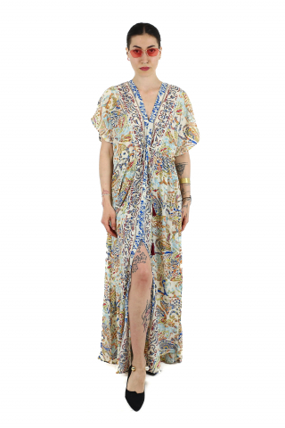 Rochii - Rochie maxi boho cu maneca scurta si crapatura in fata - Model 1