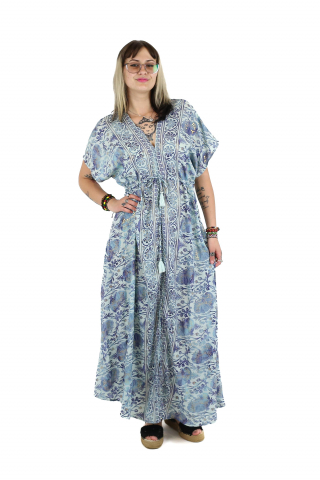 Rochii - Rochie maxi boho cu maneca scurta si crapatura in fata - Model 1