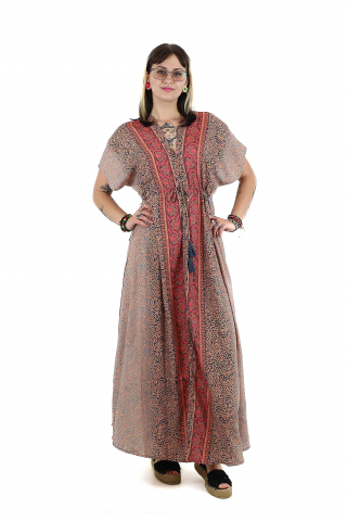 Rochii - Rochie maxi boho cu maneca scurta si crapatura in fata - Model 1