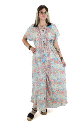 Rochii - Rochie maxi boho cu maneca scurta si crapatura in fata - Model 1