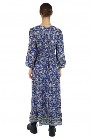 Rochie maxi cu pliuri si maneca lunga - Albastru [1]