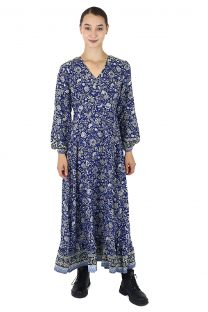 Rochie maxi cu pliuri si maneca lunga - Albastru [0]