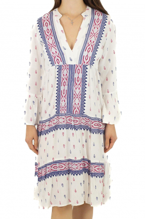 Rochie midi cu motive tradiționale - Alb [1]