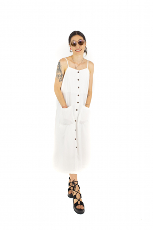 Rochie midi cu nasturi si bretele - Alb [1]