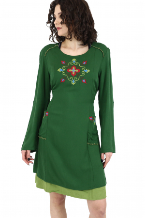 Rochii - Rochie midi din bumbac cu broderie si 2 buzunare - Verde