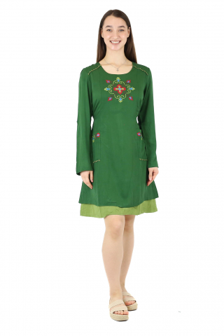 Rochie midi din bumbac cu broderie si 2 buzunare - Verde [2]