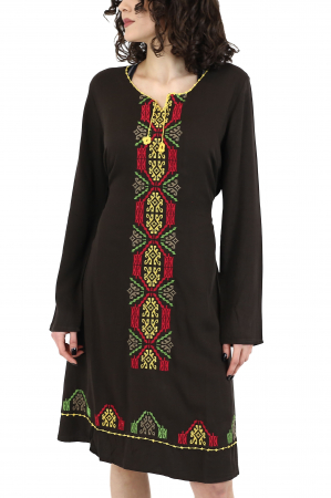 Rochii - Rochie midi din bumbac cu broderie si jupon - Maro