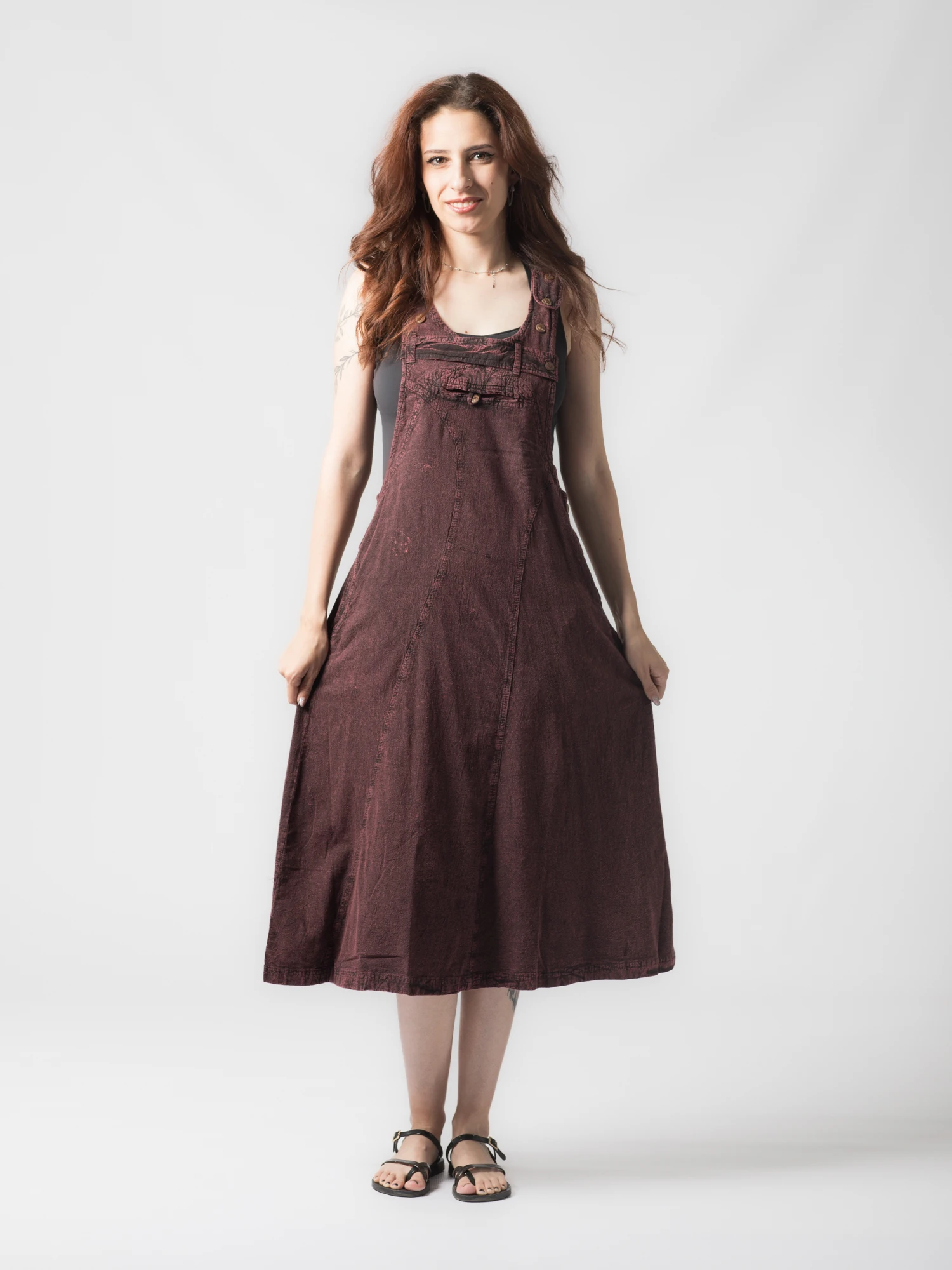Rochii - Rochie sarafan din bumbac jeans style - Visiniu