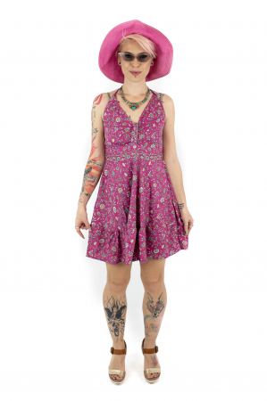 Rochie scurta cu imprimeu floral si snur - Fucsia - M-19 [1]