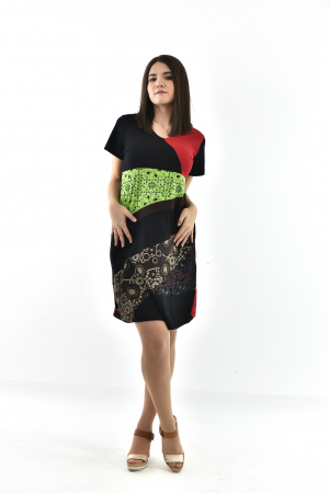 Rochie scurta din bumbac cu print divers - Negru cu Albastru [6]