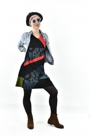 Rochie scurta din bumbac cu print divers - Negru cu Albastru [12]