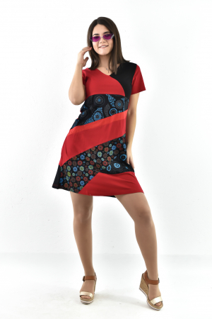 Rochie scurta din bumbac cu print divers - Rosu cu Negru [18]