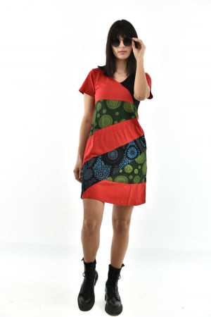 Rochie scurta din bumbac cu print divers - Rosu cu Negru [4]