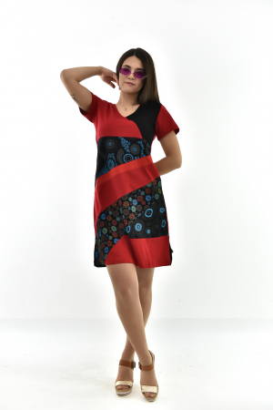 Rochie scurta din bumbac cu print divers - Rosu cu Negru [19]