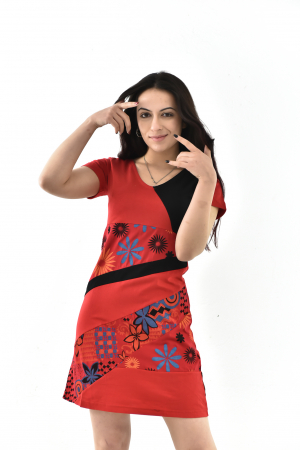 Rochie scurta din bumbac cu print divers - Rosu cu Negru [3]