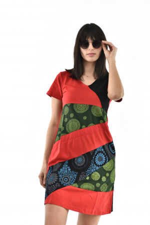Rochie scurta din bumbac cu print divers - Rosu cu Negru [1]
