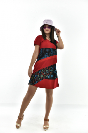 Rochie scurta din bumbac cu print divers - Rosu cu Negru [23]