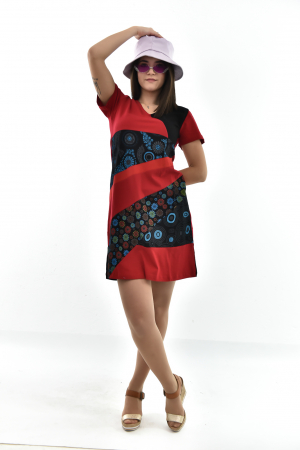 Rochie scurta din bumbac cu print divers - Rosu cu Negru [22]