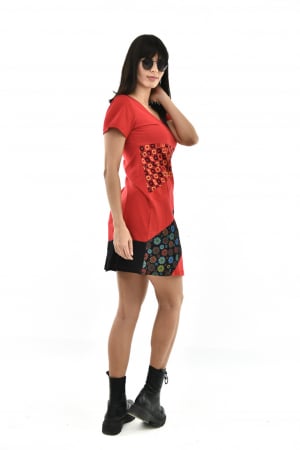 Rochie scurta din bumbac cu print divers - Rosu cu Negru [13]